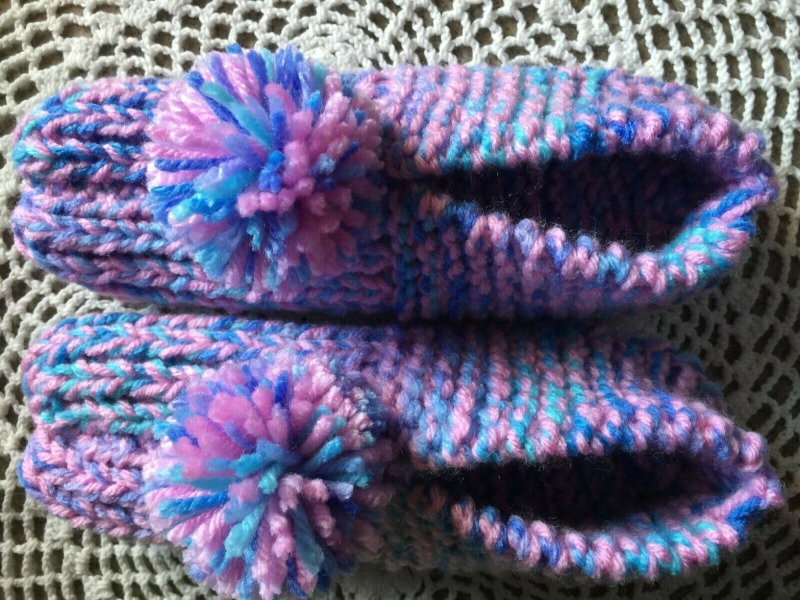 Nwot Amish Hand Knit Slippers Pink & Ocean Color Mix Wms Small Mans Xx Small 8"