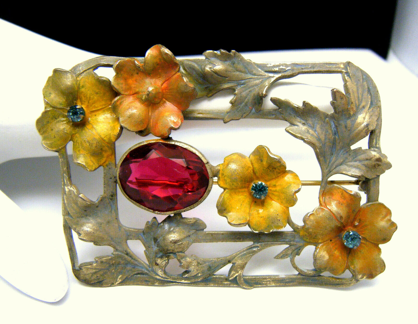 Vintage Enamel Flower Sash Pin Brass Ruby Glass Rhinestone Accents C Clasp