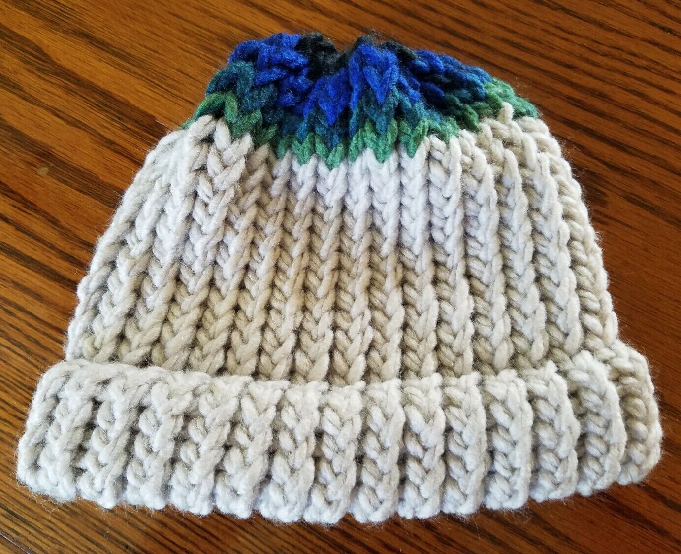 Hand Knit Infant Hat In Tan, Green & Blue.  Super Soft, Very Warm