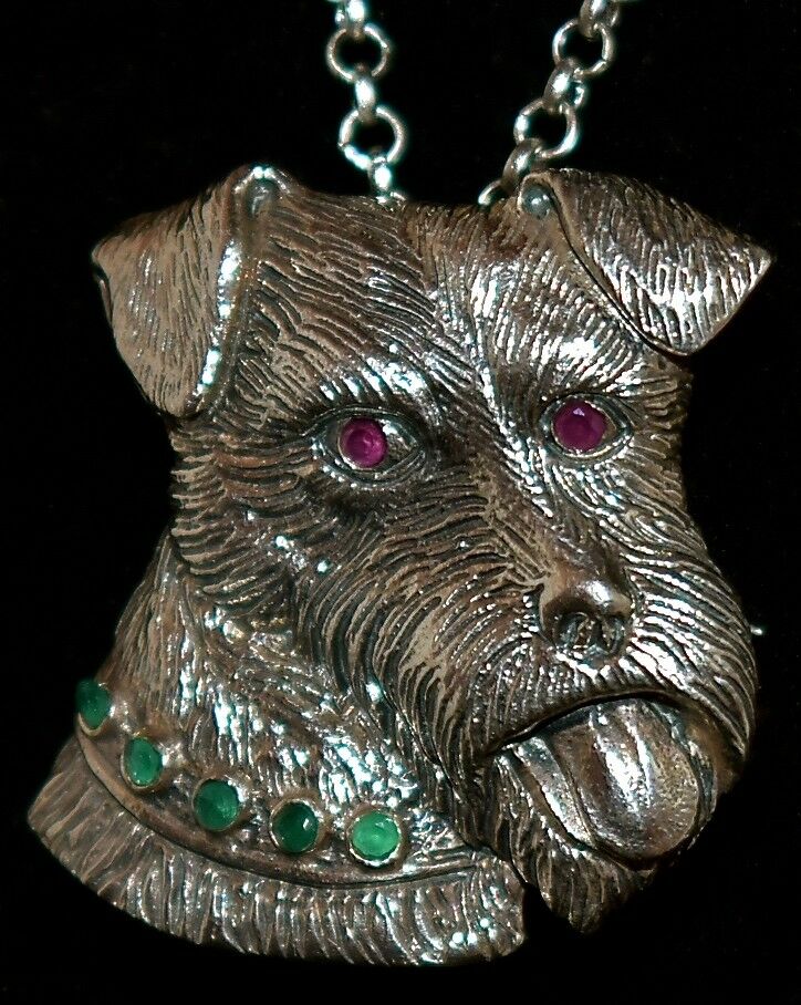 Gorgeous Sterling ~terrier Dog~ Jeweled Real Rubies & Emeralds Pendant Necklace