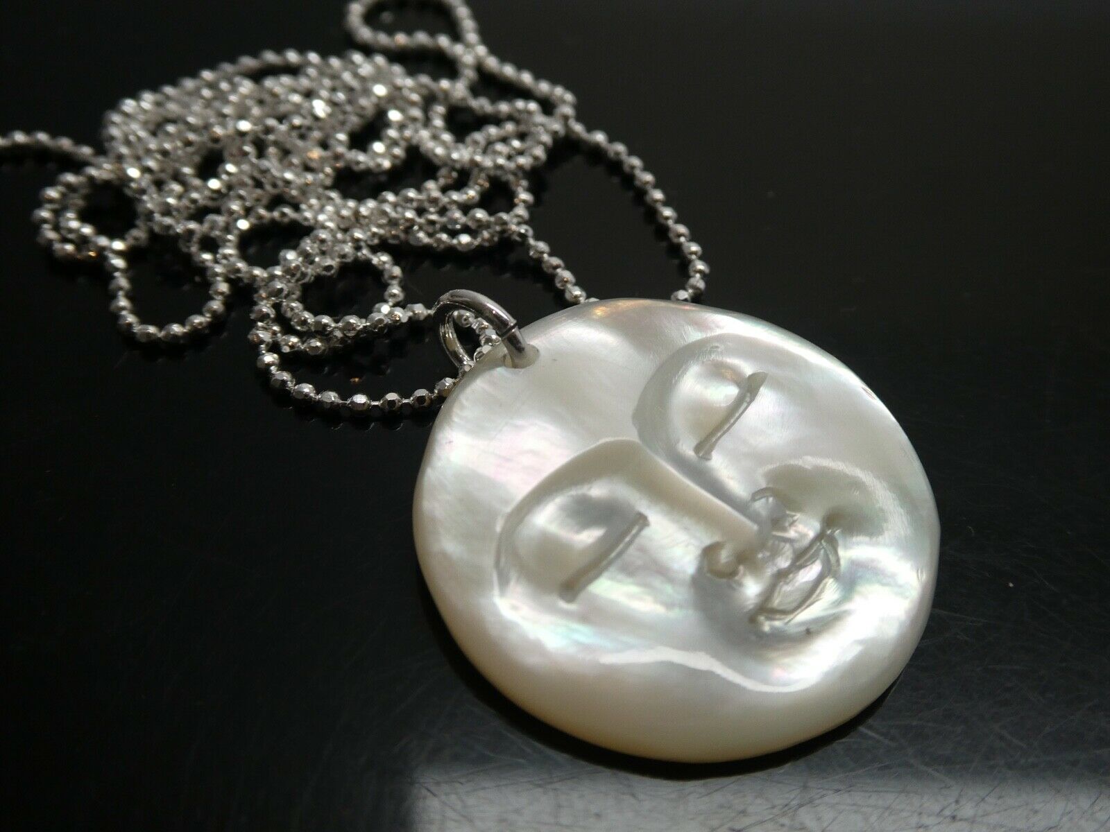 Vintage Moon Face Carved Mother Of Pearl Shell 925 Pendant Necklace Sp 24" Chain