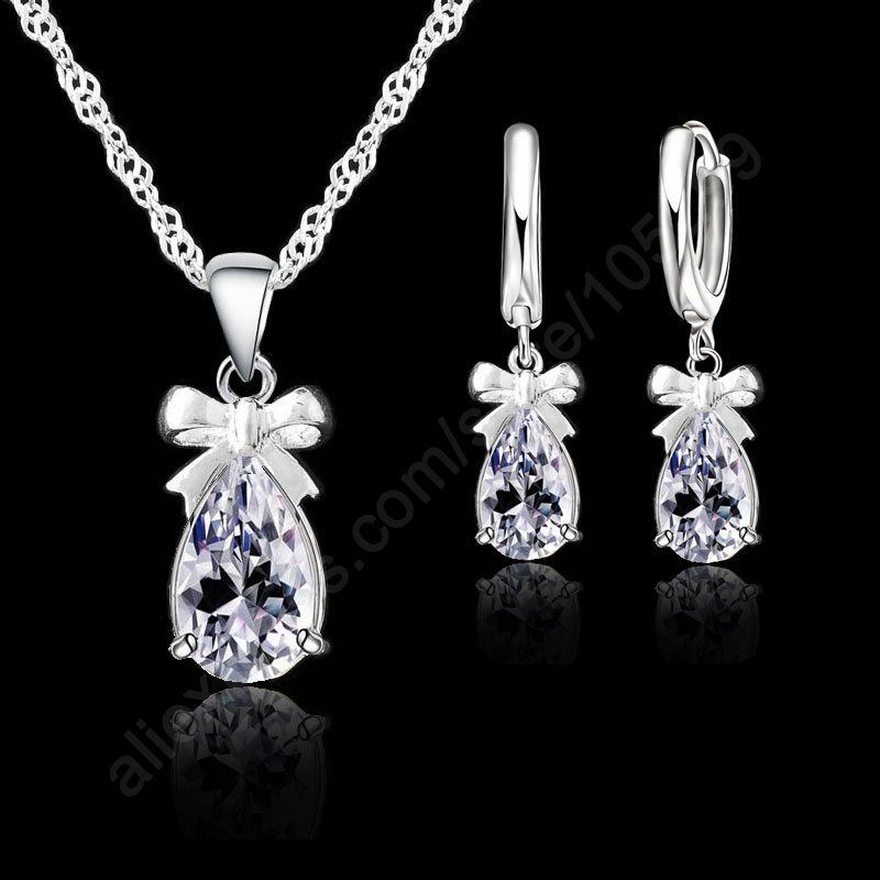 Womens Fashion Wedding Bridal Jewelry 925 Silver Necklace Earrings Sets Tk5