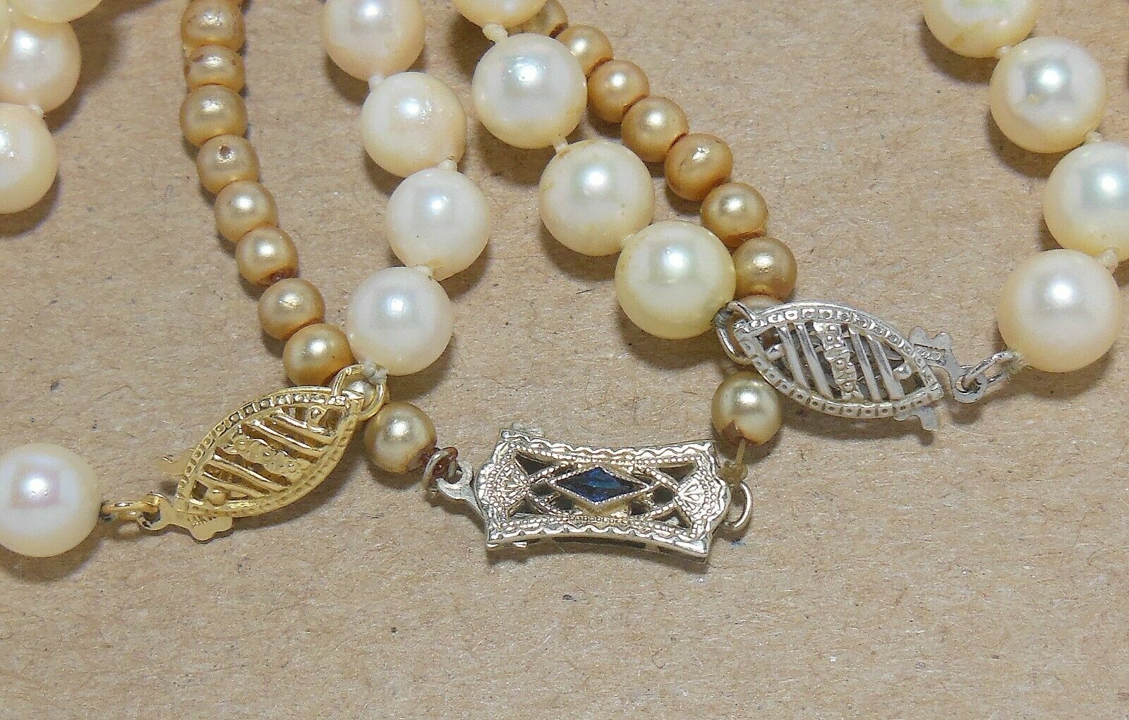 Lot Of 3 Vintage 14k Yellow & White Gold Clasp Faux Pearl Necklaces Scrap ~ Wear