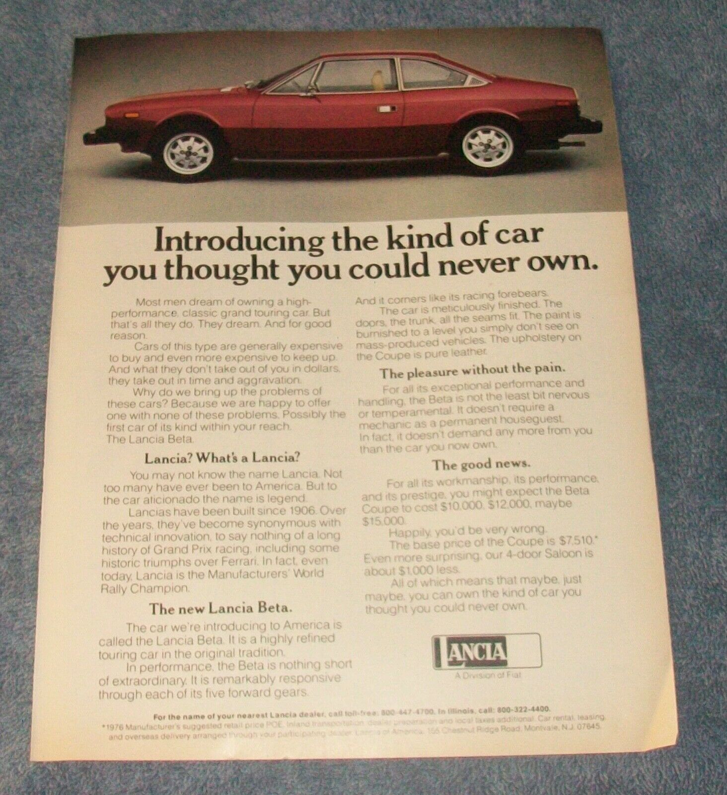 1976 Lancia Beta Vintage Color Ad "introducing The Kind Of Car You Thought..."