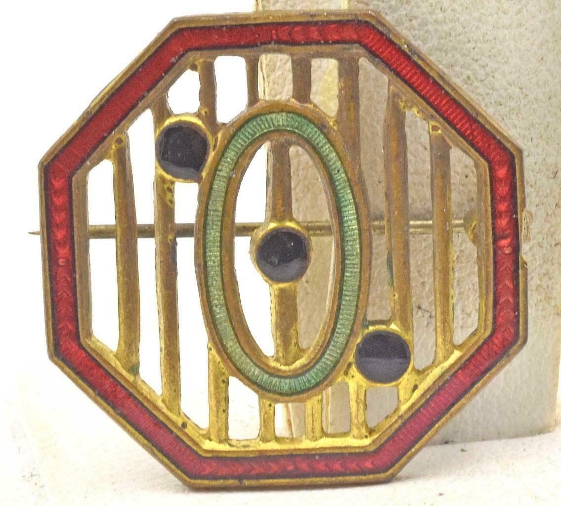 Antique 30's Gold Metal & Multi Color Guilloche Enamel Open Work Ladies Pin