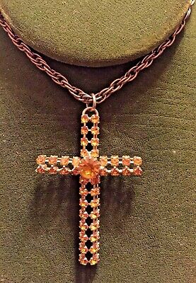 Vintage Metal And Orange Gem Stone Cross Pendant With 23 Inch Chain