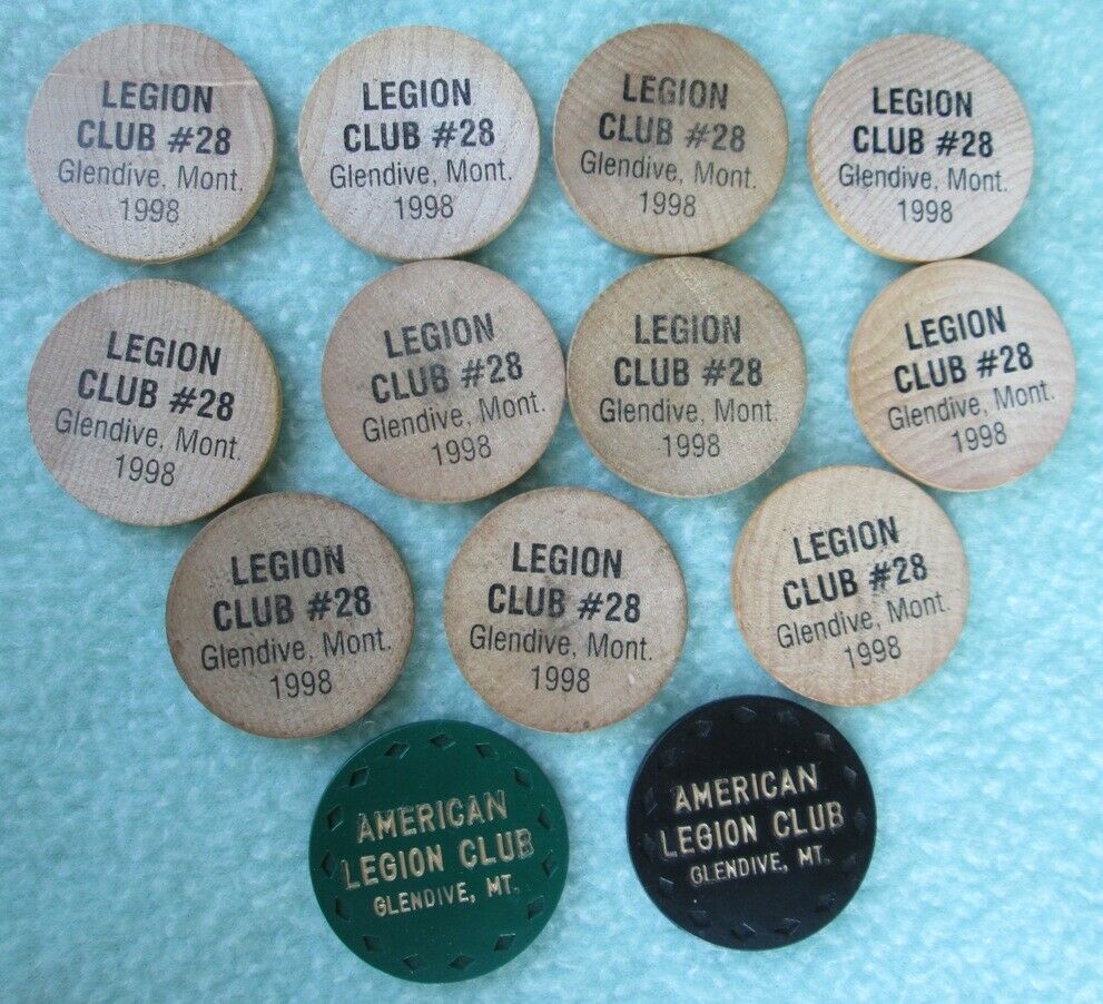 Eleven (11) Glendive, Montana Legion Club #28 Wooden Nickels Plus Two Plastic