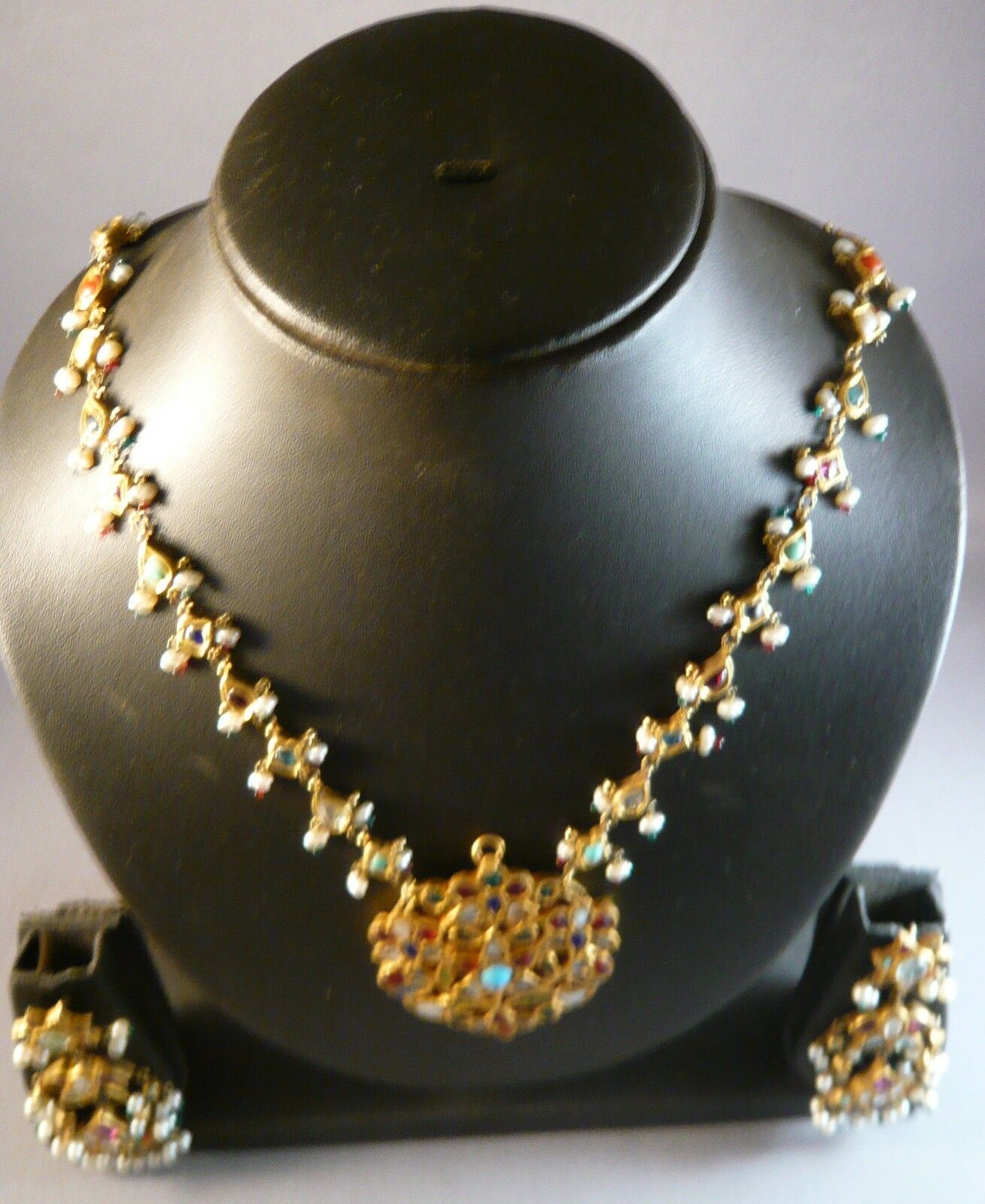 Antique Vintage Kundan Gold Fine Inlaid Pendant Necklace+ Earrings  Bridal India