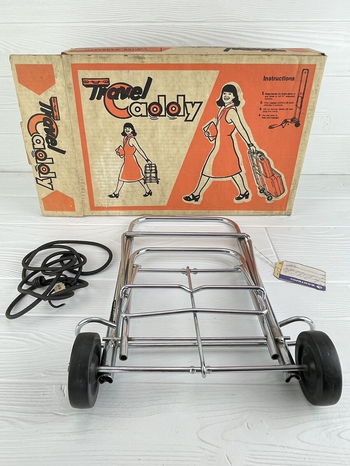 Vintage Travel Caddy Folding Luggage Hand Cart Collapsible Mid Century Mod Chome
