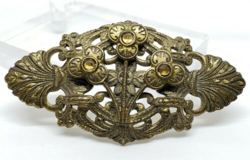 Antique Art Nouveau Repousse Brass Citrine Crystal Gem Floral Triplets Brooch