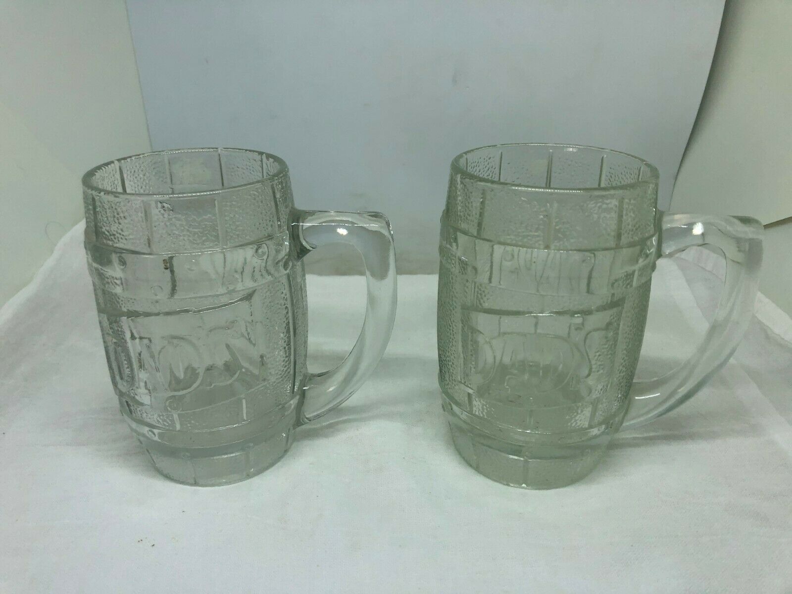 2 Vintage Dad's Rootbeer Barrel Mugs 5-1/4" Heavy Clear Glass Soda Drinking Cups