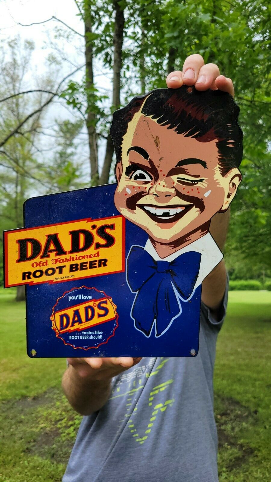 Old Vintage Heavy Dad's Root Beer Die Cut Porcelain Cola Gas Station Sign Soda