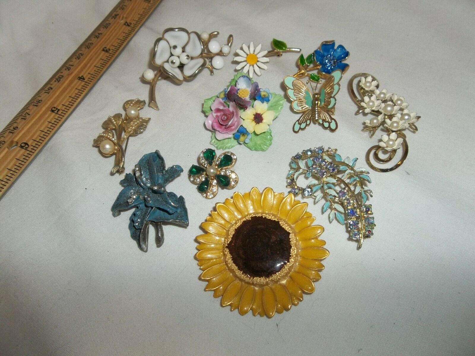 11pc Vintage/now Rhinestone Enamel Flower Brooch/pin "england" Art" Jewelry Lot