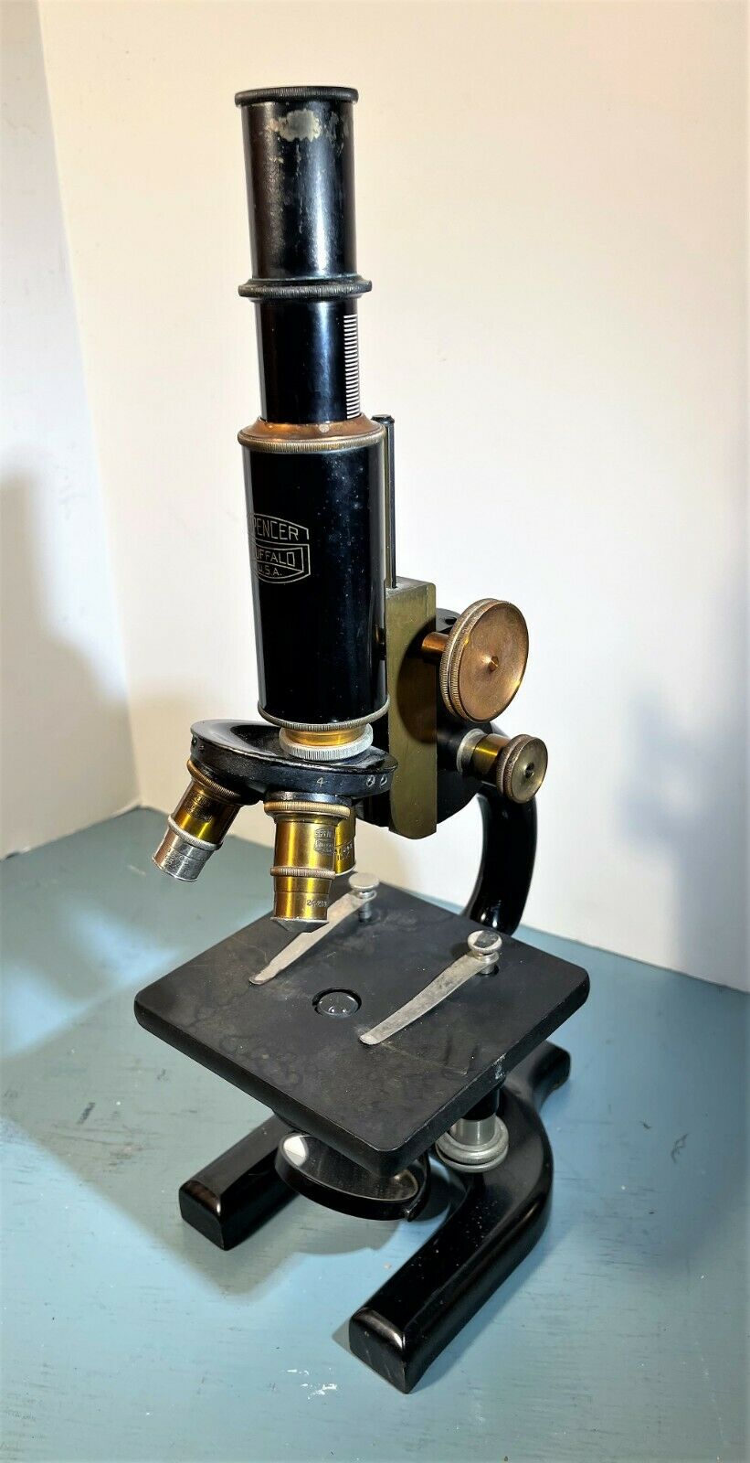 Antique Early Spencer Brass & Iron 3 Power Microscope  Buffalo New York #95517