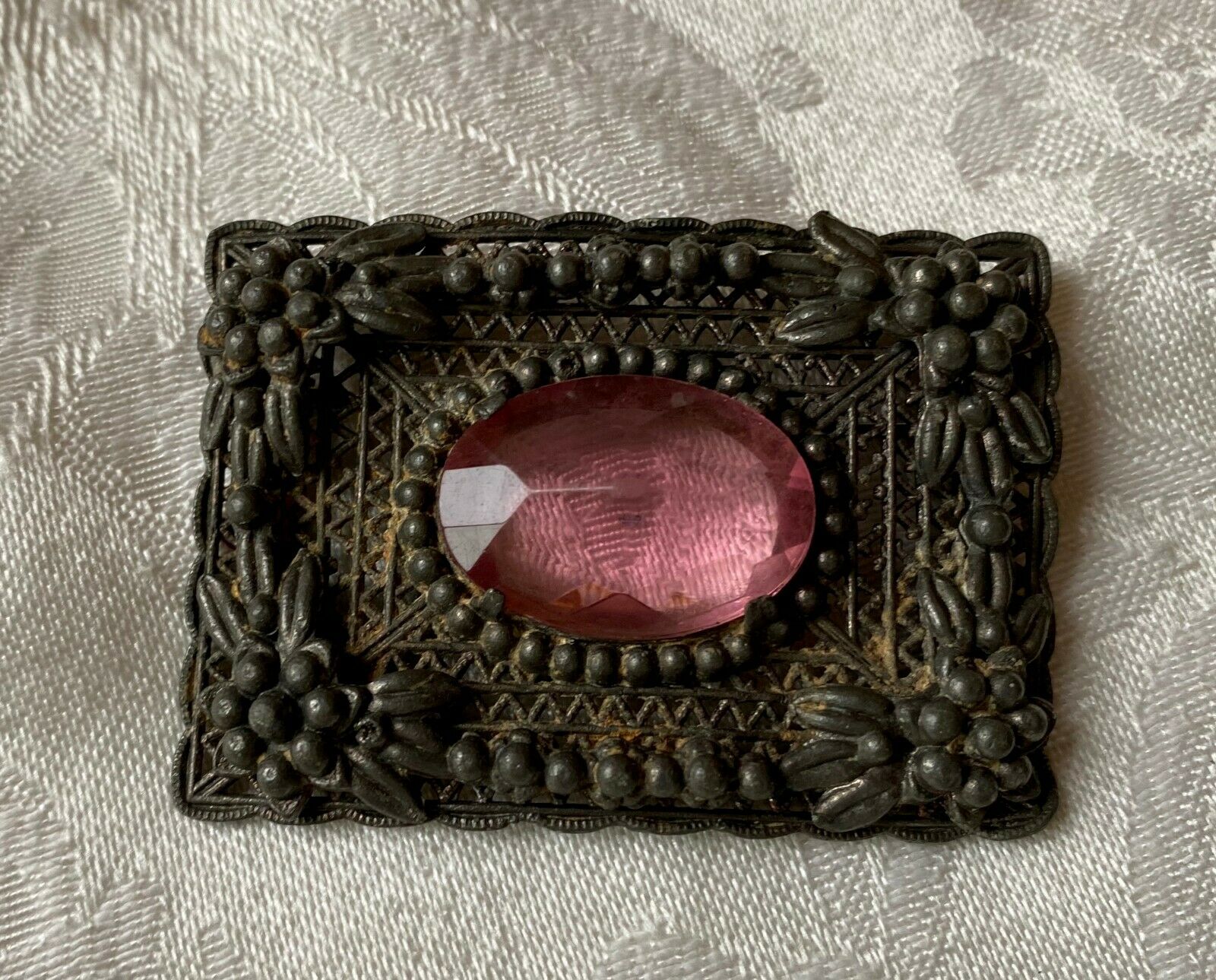 Antique Brooch, Beautiful Metal Work, Faceted Pink Plastic Setting