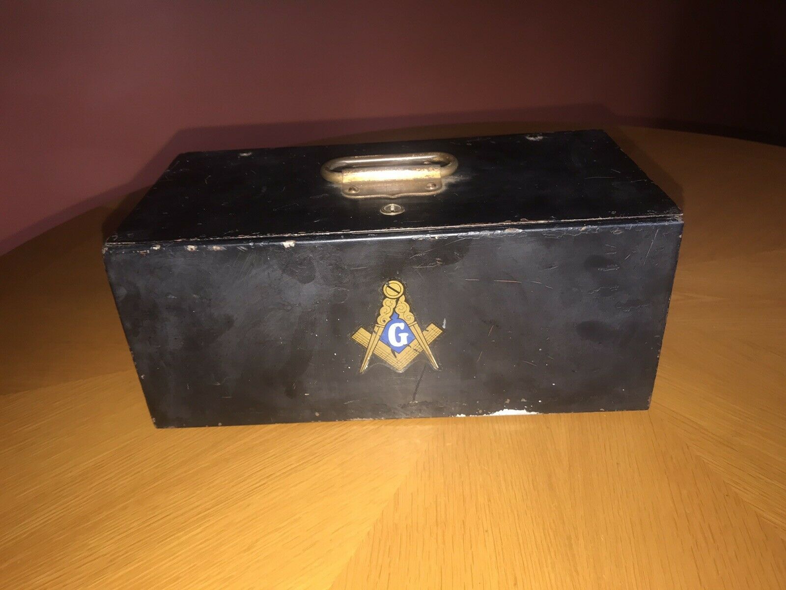 Antique Free Mason Masonic Metal Lock Box