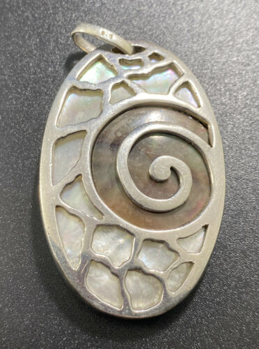 925 Sterling Abalone Mop Spiral Shell Pendant Oval Dangle Open Work