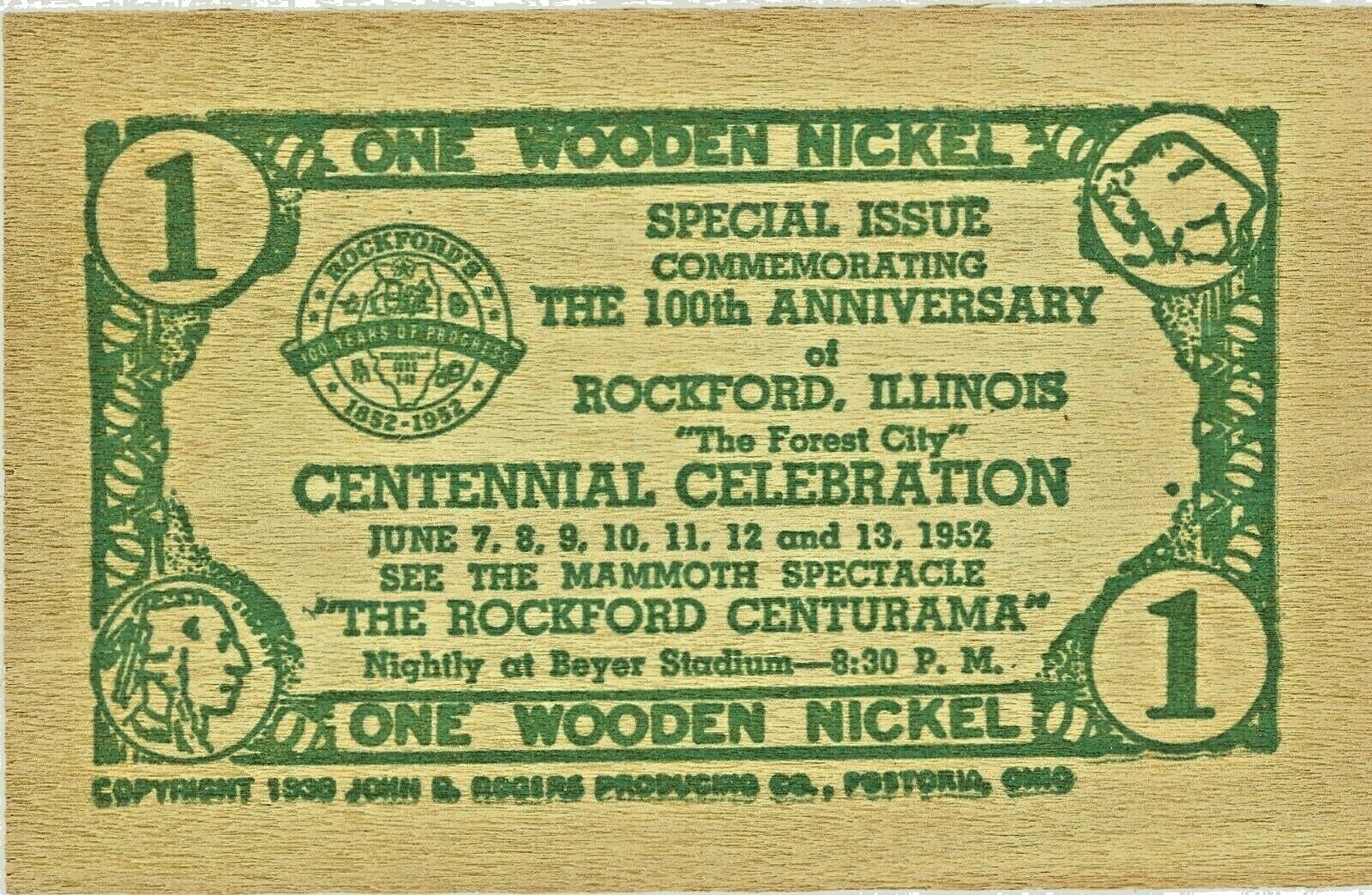 Rockford Il--"the Forest City"--centennial Wooden Nickel Flat--june 7-13, 1952
