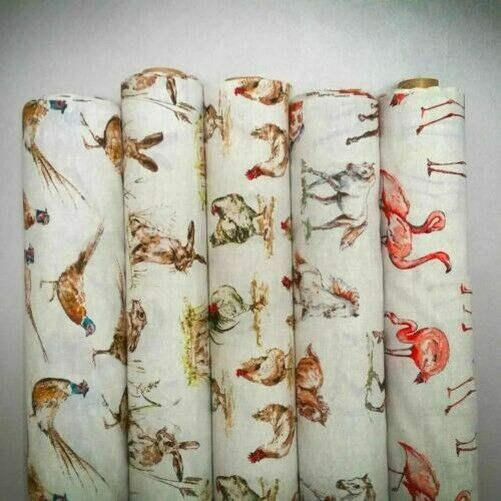 Vintage Linen Look Country Side Animals Digital Print Designer Upholstery Fabric