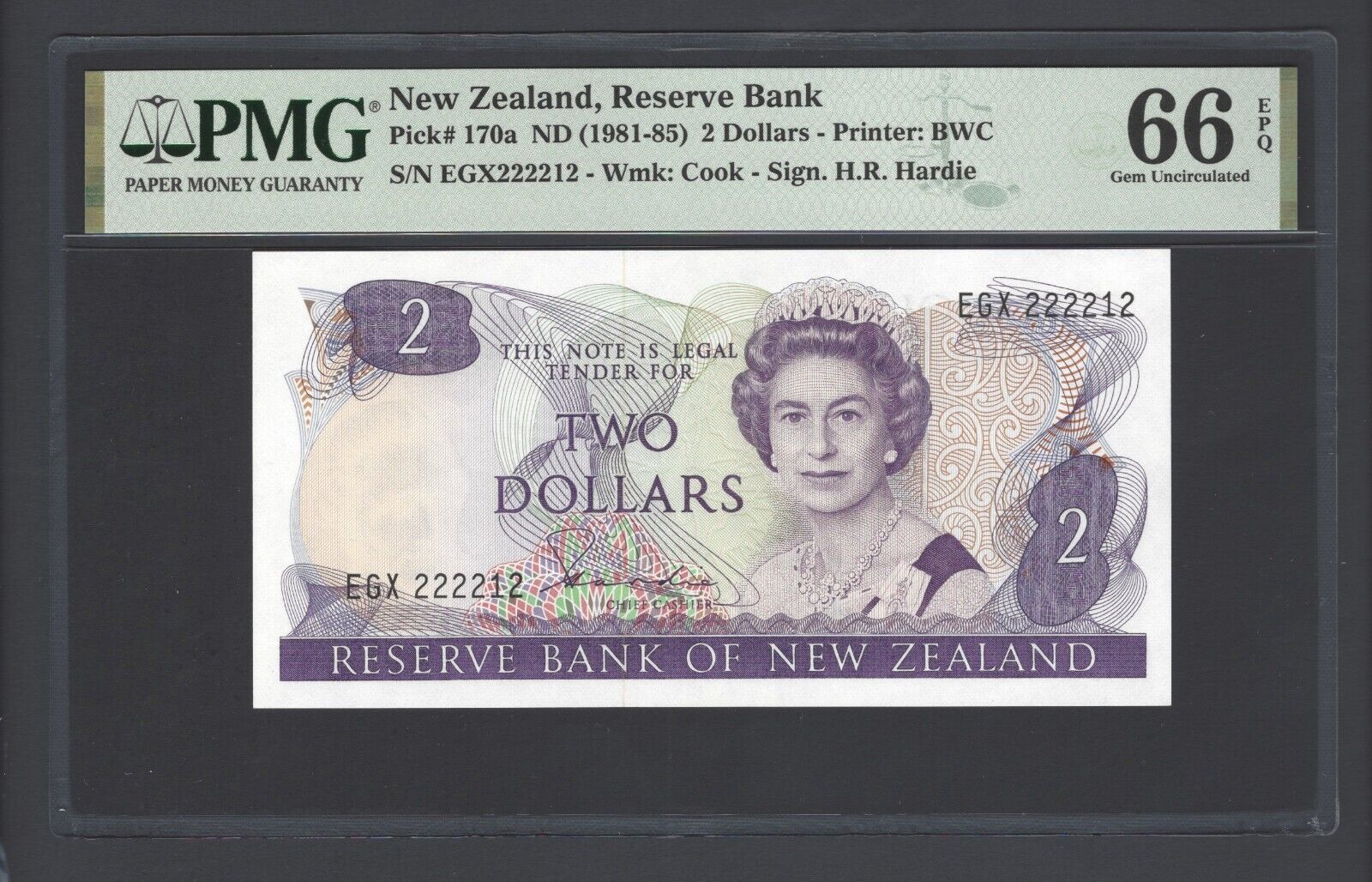 New Zealand 2 Dollars Nd(1981-85) P170a "s/n 222212" Uncirculated Grade 66