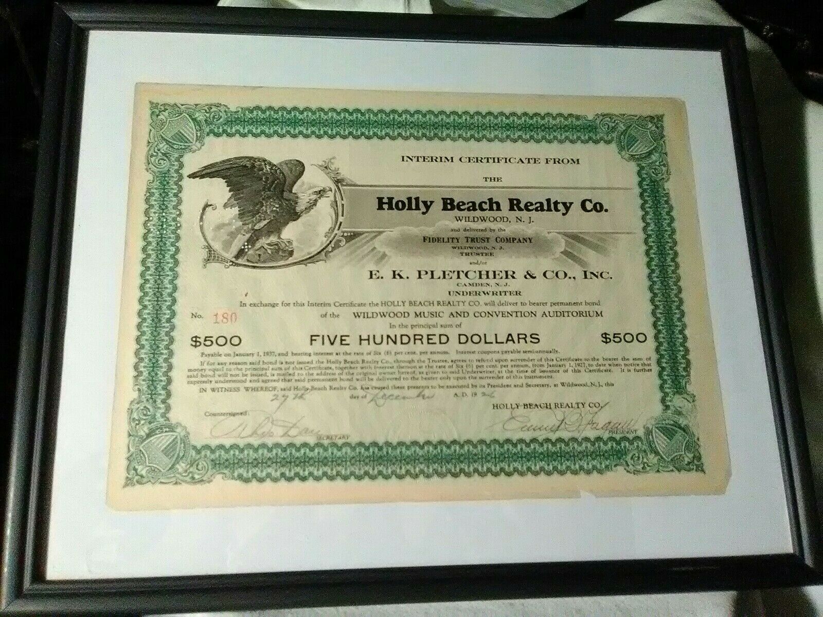 Vintage 1926 Holly Beach Realty Wildwood Nj Music Convention $500 Stock Bond