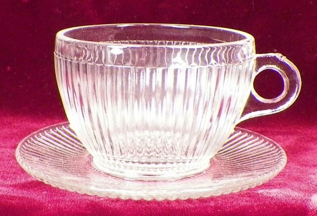Jeannette Homespun Cup & Saucer 4 Child's Tea Set Crystal Depression Glass