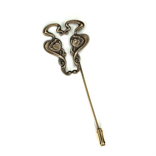 Art Nouveau Stick Pin Stamped Brass Floral Jugendstil Vtg Antique Hatpin Jabot