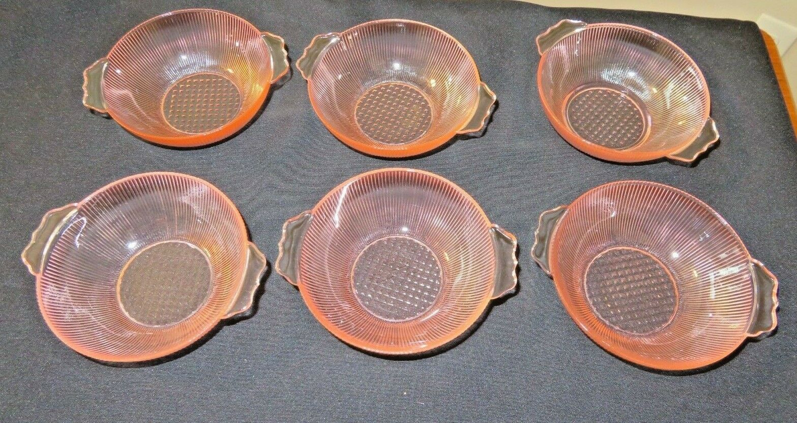 6 Jeannette Depression Glass Pink Homespun Berry Bowls Handled 1939-49